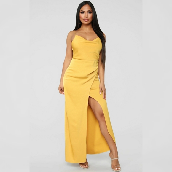 WOMEN MAXI DRESS OPEN LEG (mustard/yellow) - Picture 1 of 4